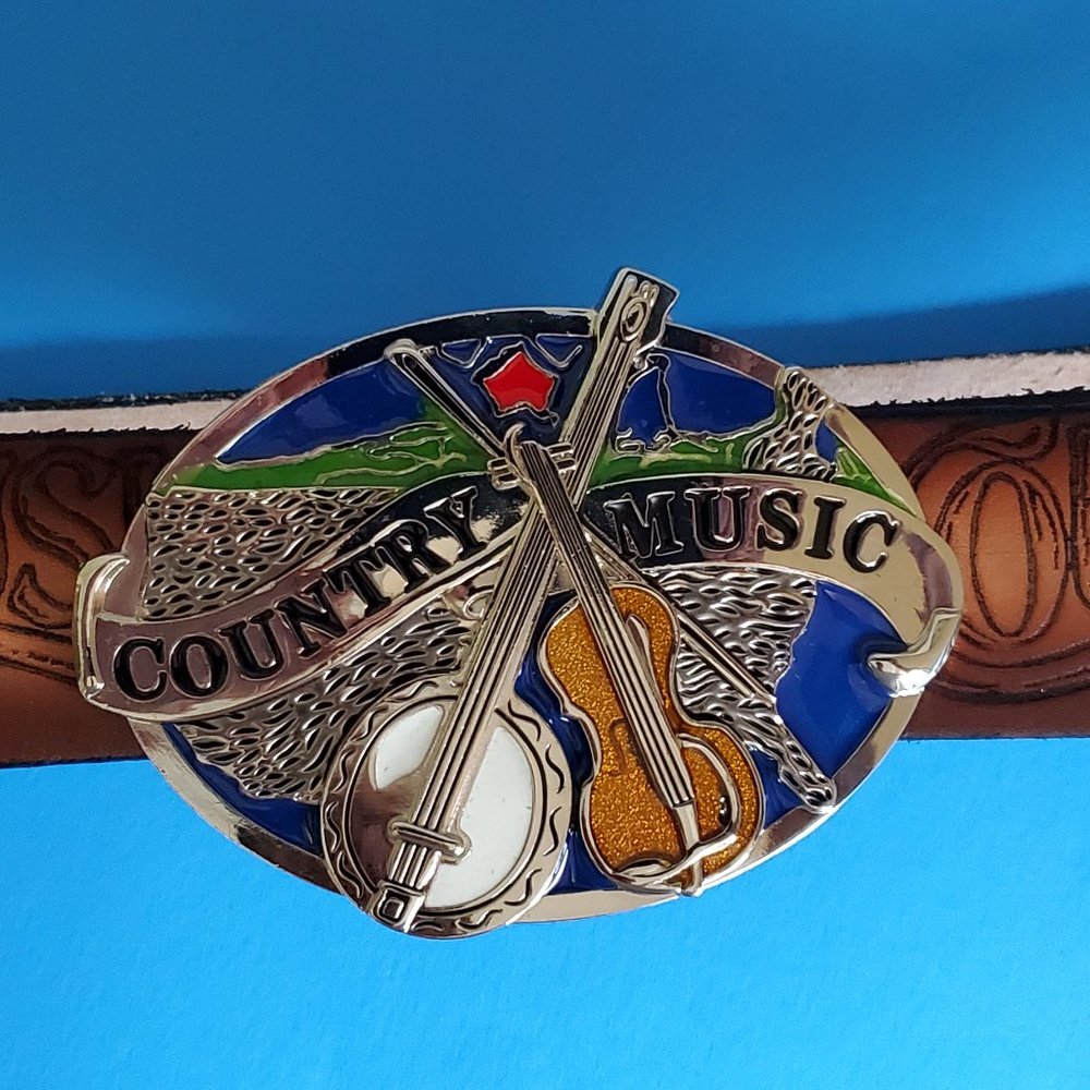 COUNTRY MUSIC Top Grain 1 1/2" Cowhide Leather Belt & High Detail Epoxy Country
